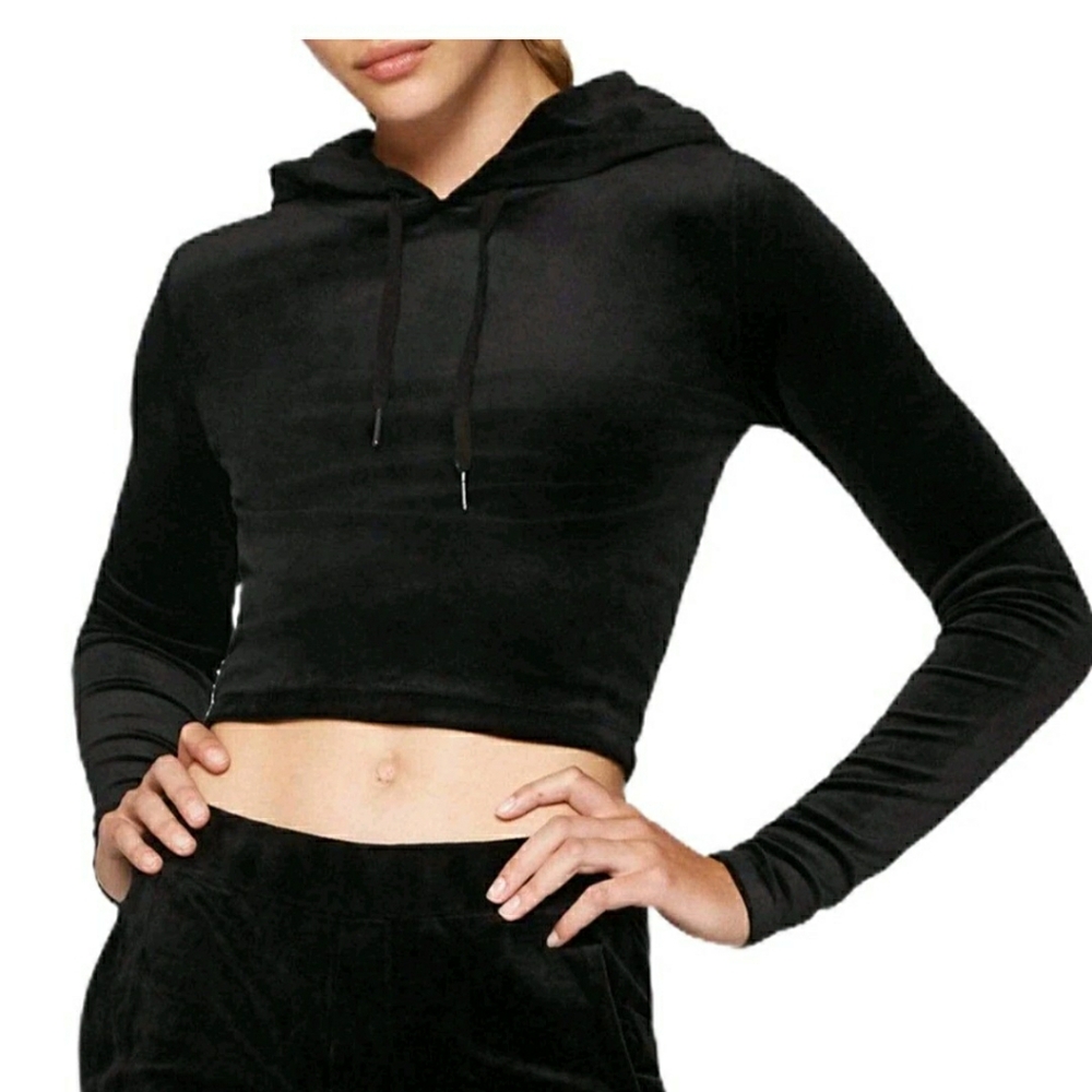 PAM & GELA Black Velvet Cropped Hoodie NWT